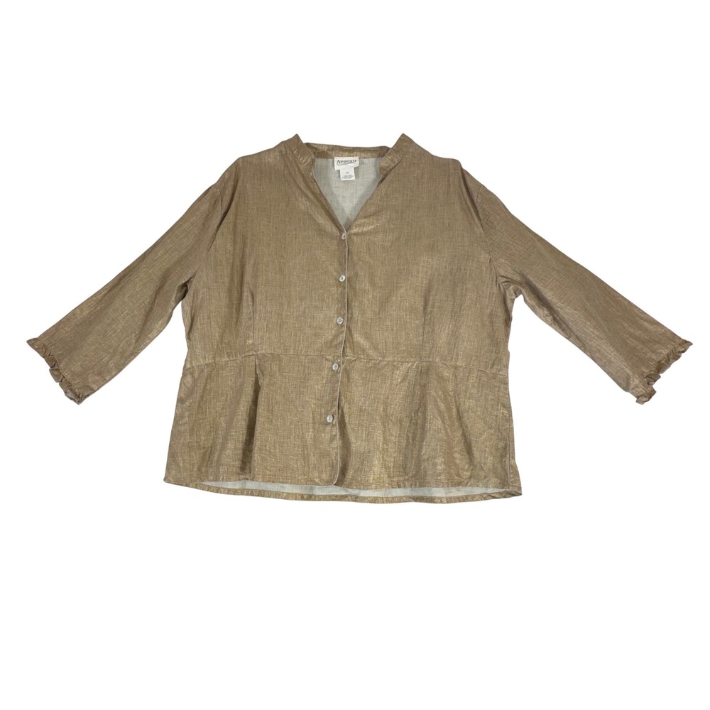 Aegean Button Front Blouse Top Size XL Linen Gold Metallic Ruffle Cuff Peplum - Picture 5 of 9